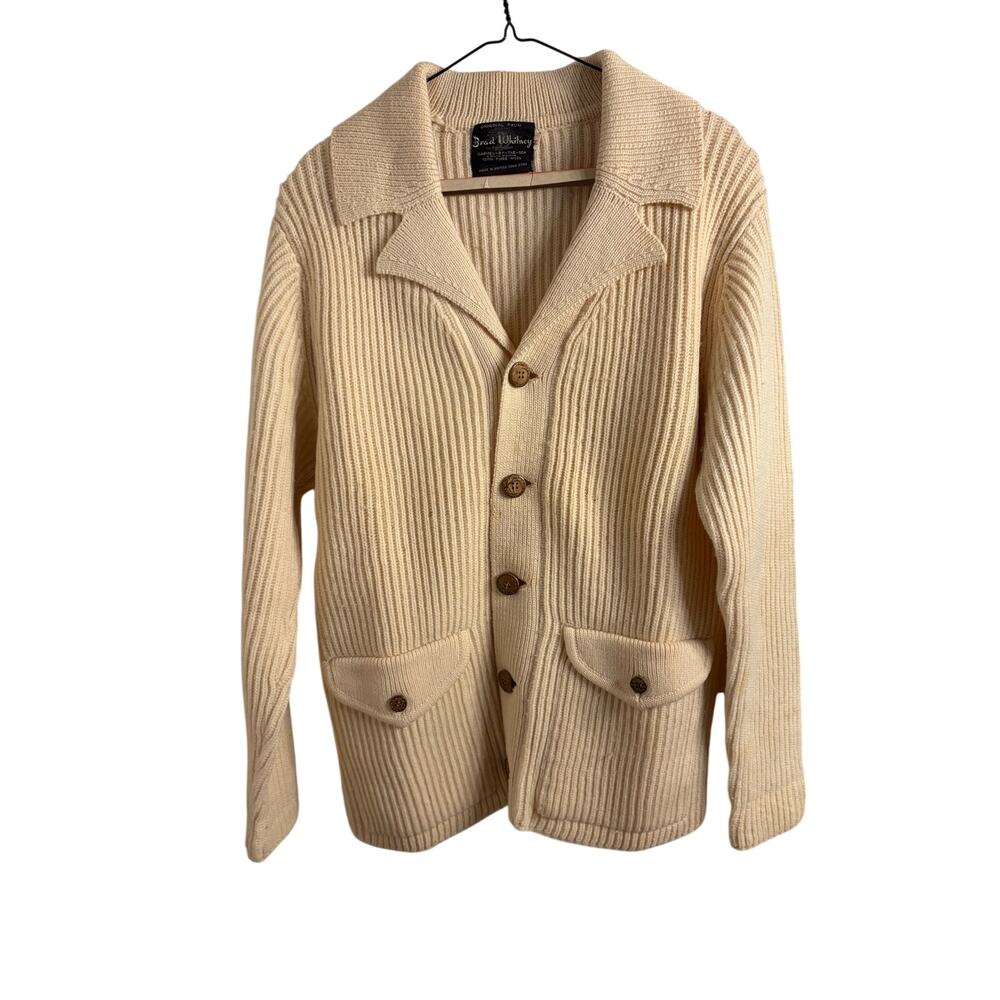 Vintage 60's 70's 100% Wool Cardigan Brad Whitney M Cream Ribbed Grandpa Sweater